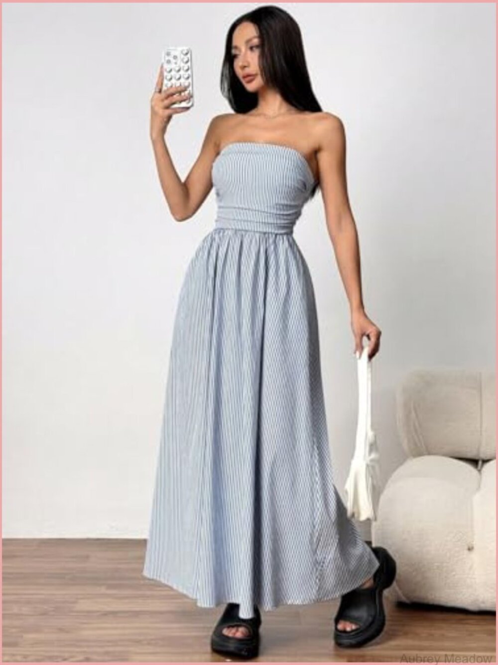 Strapless Tube Maxi Dress Striped Smocked Back A-Line with Pocket - Picture 2 of 5